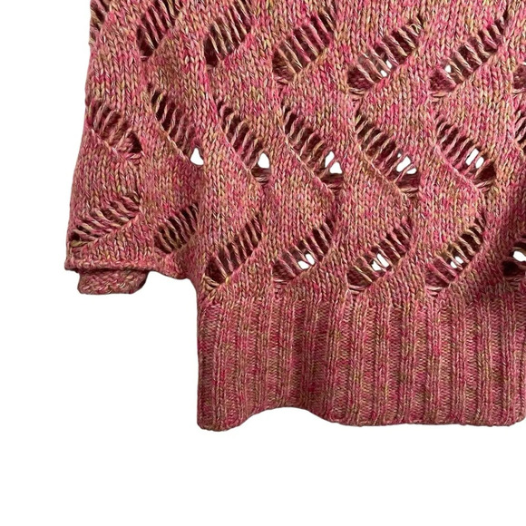 VINTAGE Sisley Open Knit Mock Neck Sweater Poncho in Pink Multi OS - Picture 7 of 7